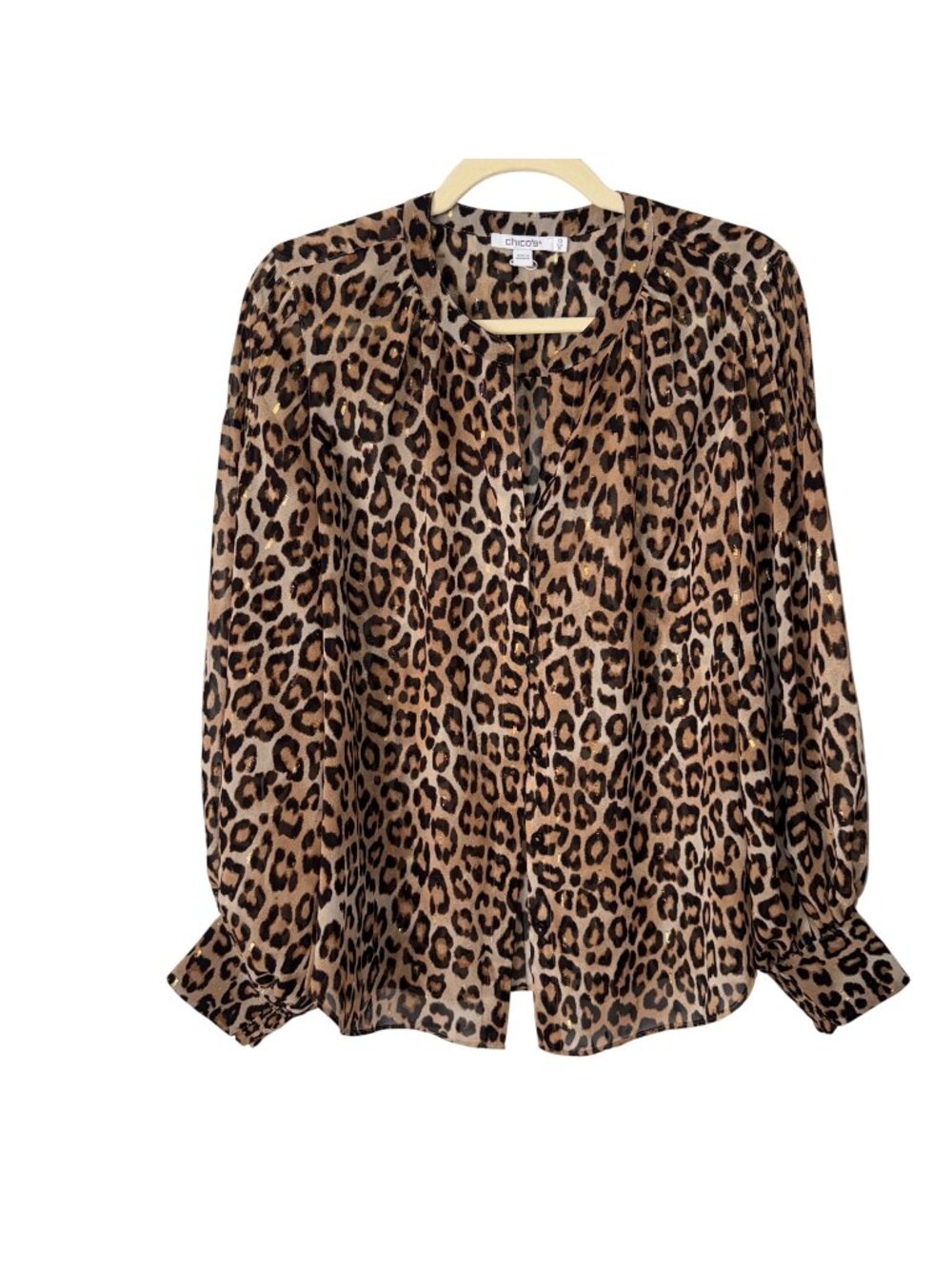 Chicos Leopard Print Button-Up Blouse Size 10 Polyester Long Sleeve Womens